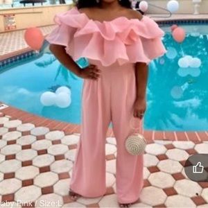 SHEIN Privé Off Shoulder Layered Ruffle Detail Palazzo Jumpsuit